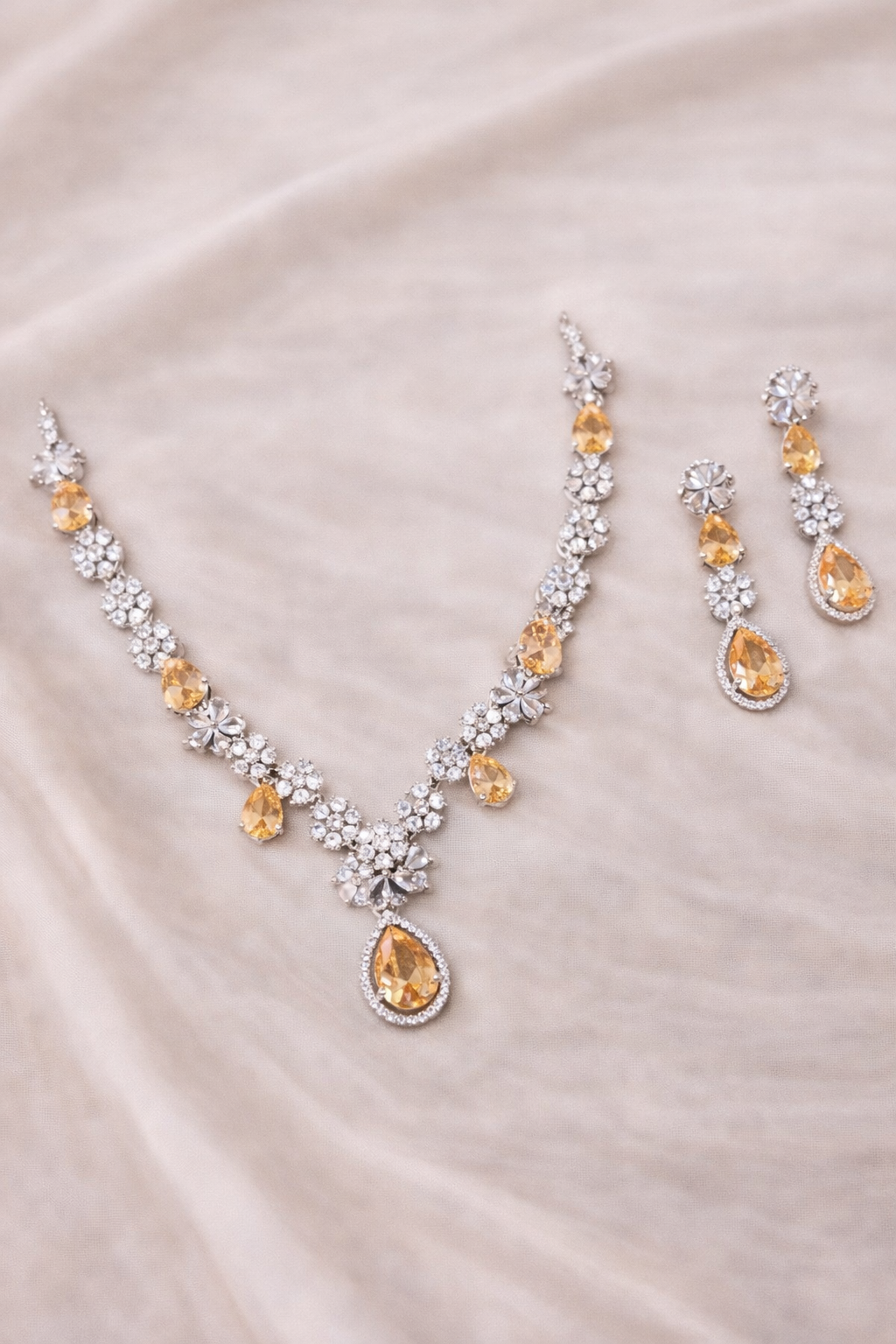 Elegant Crystal Necklace Set with Champagne Stone Drops