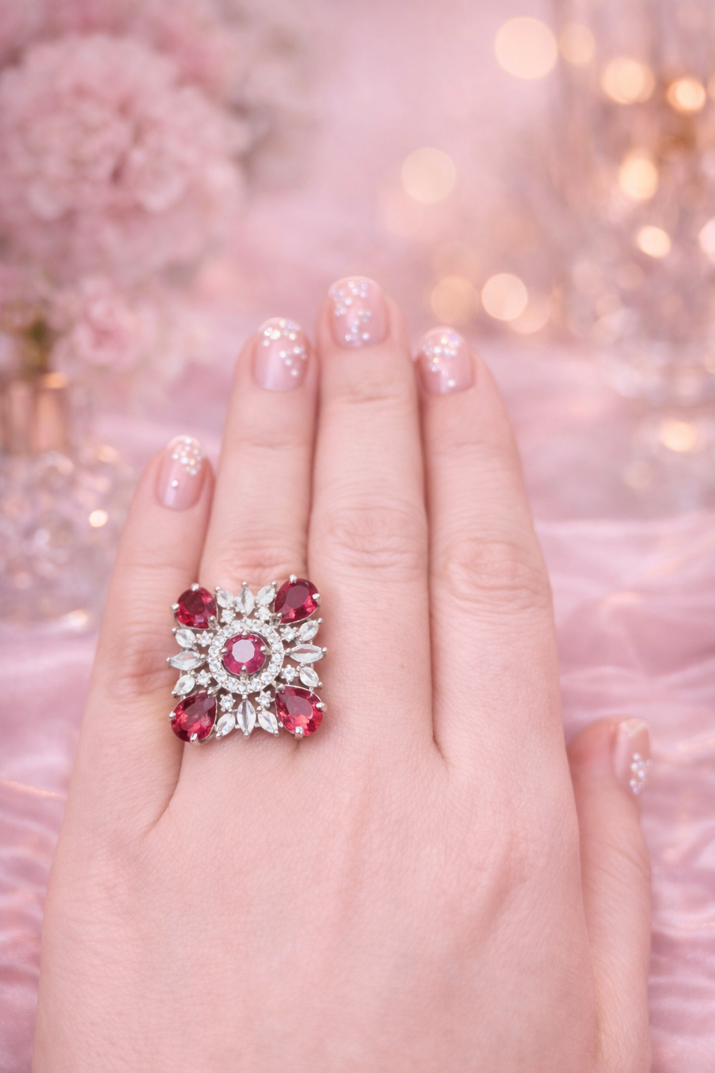 Crimson Radiance Floral Ring
