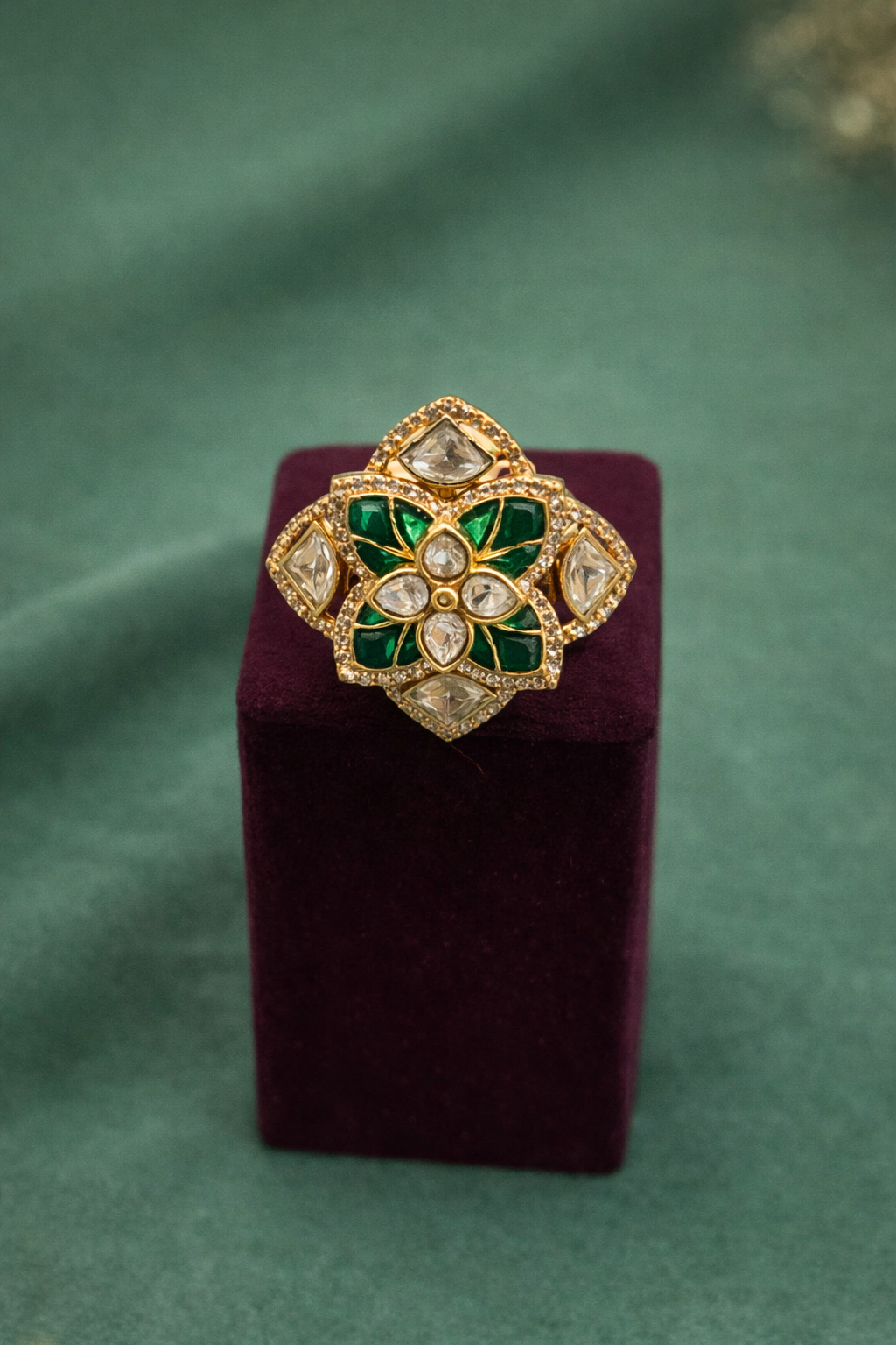 Emerald Blossom Polki Statement Ring