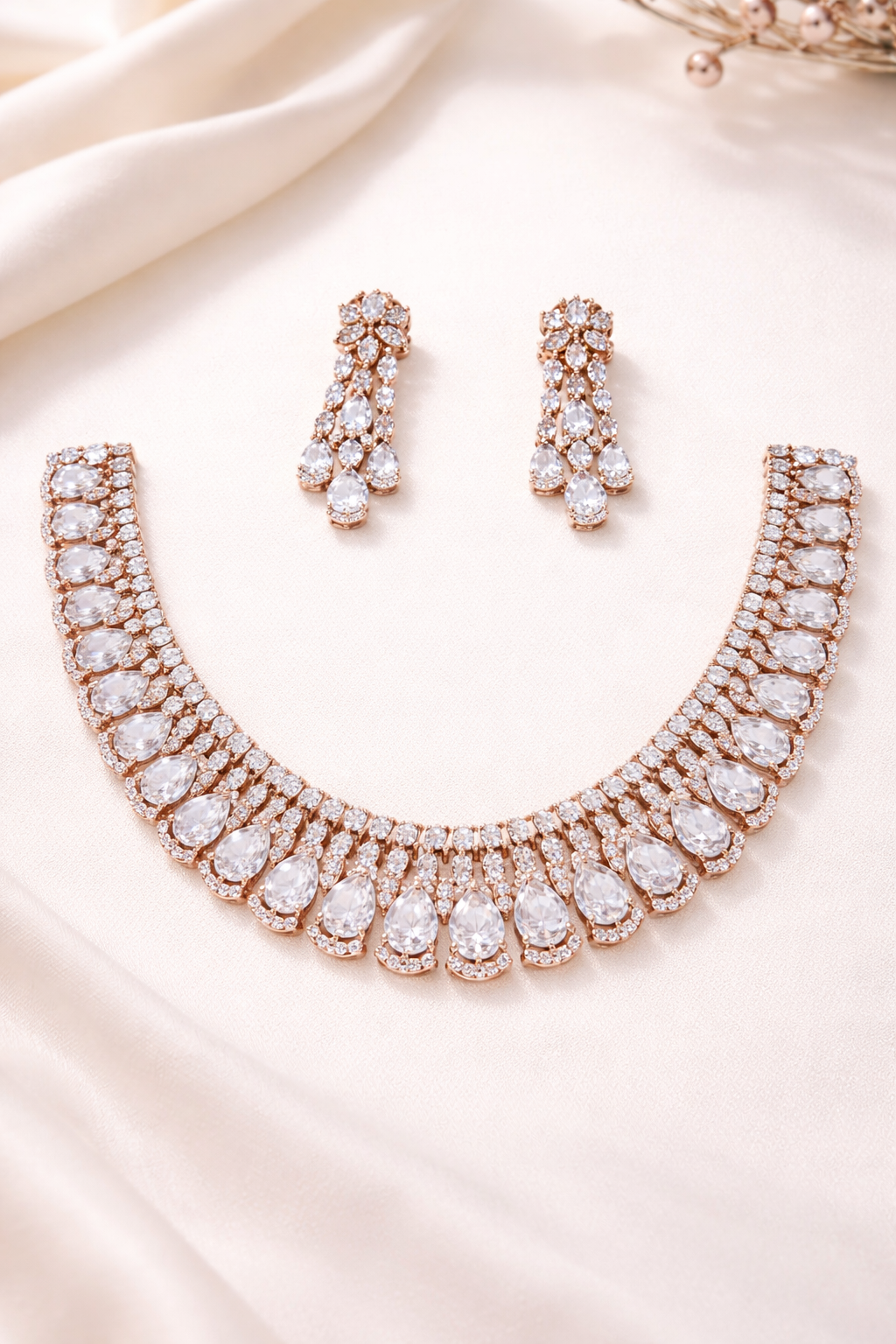 Rose Gold Crystal Cascade Necklace Set
