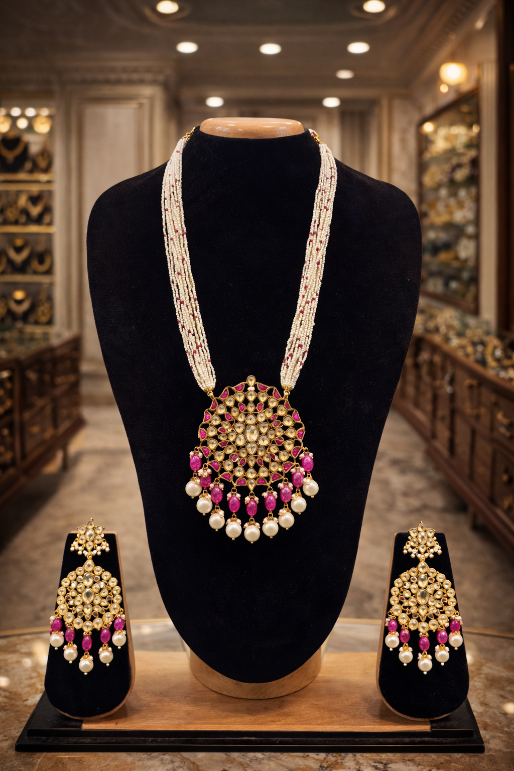 Royal Pearl & Ruby Statement Necklace Set