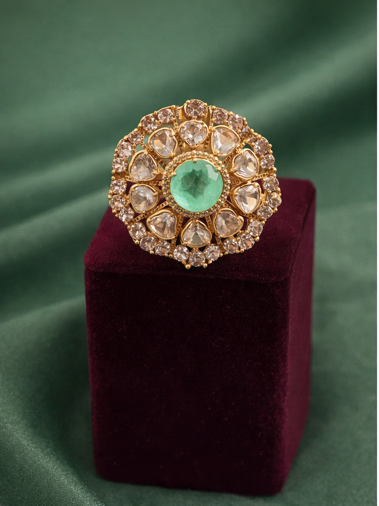 Emerald Bloom Polki Statement Ring
