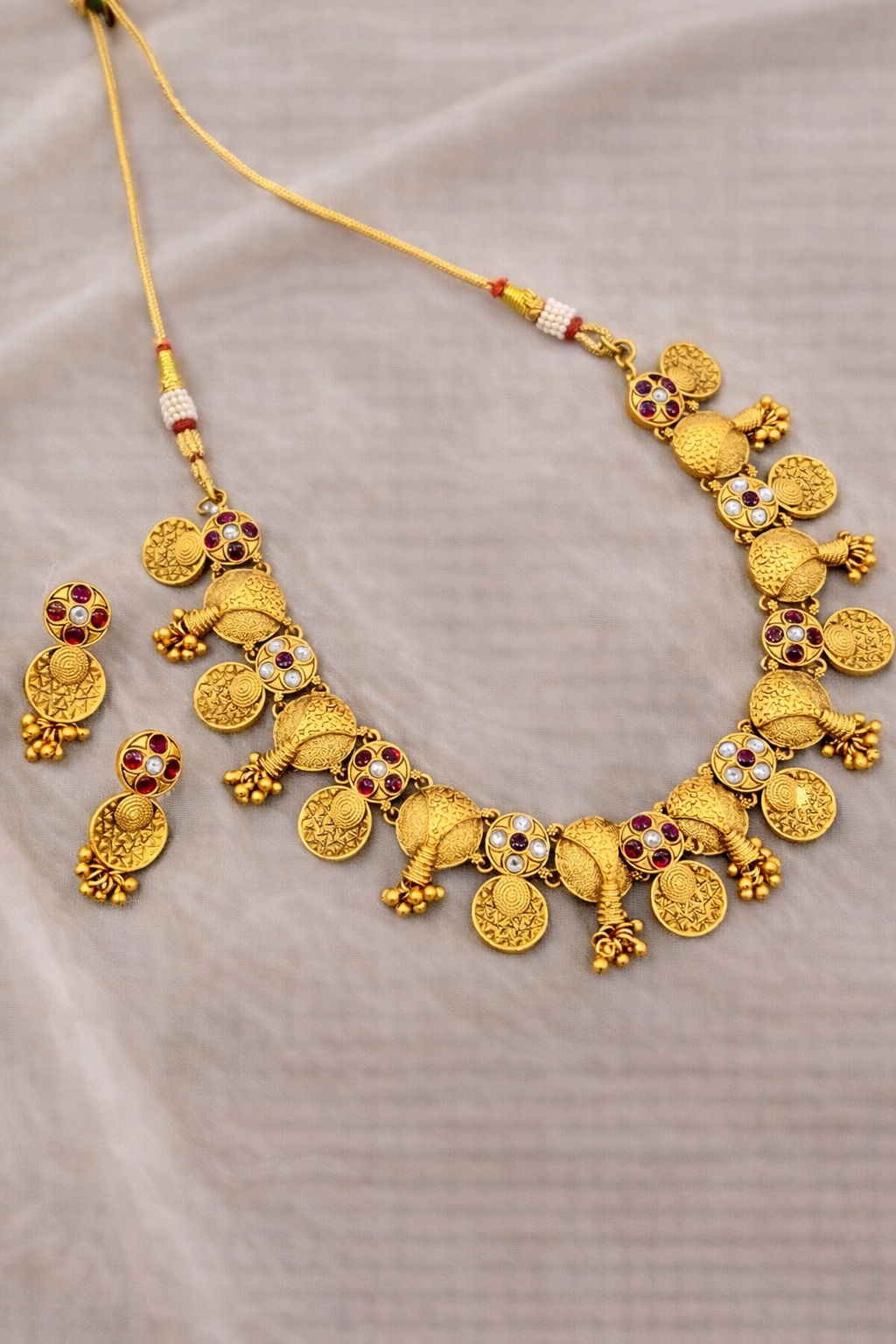 Traditional Gold Necklace Set with Ruby Stone Accents