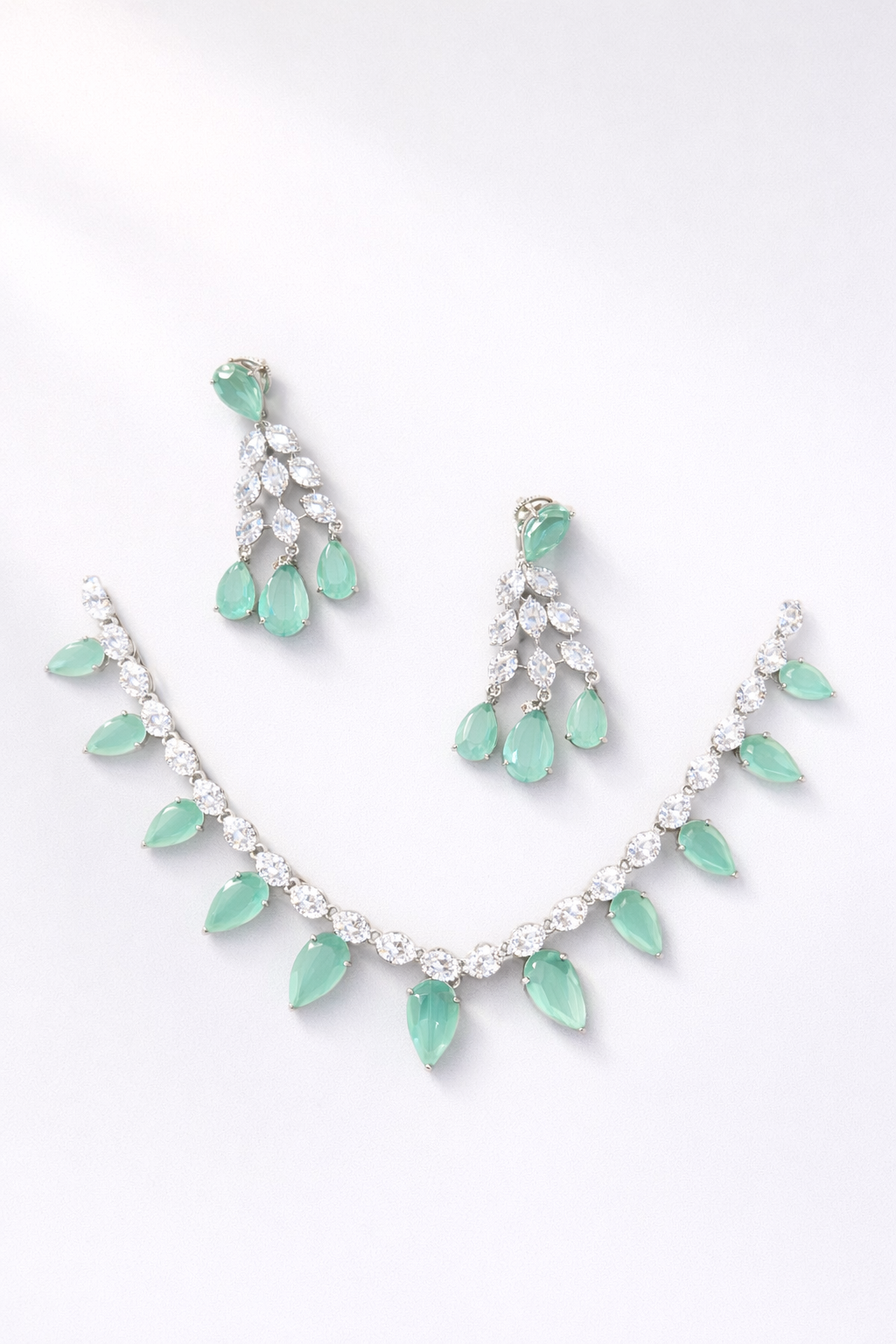 Mint Elegance Crystal Drop Necklace Set