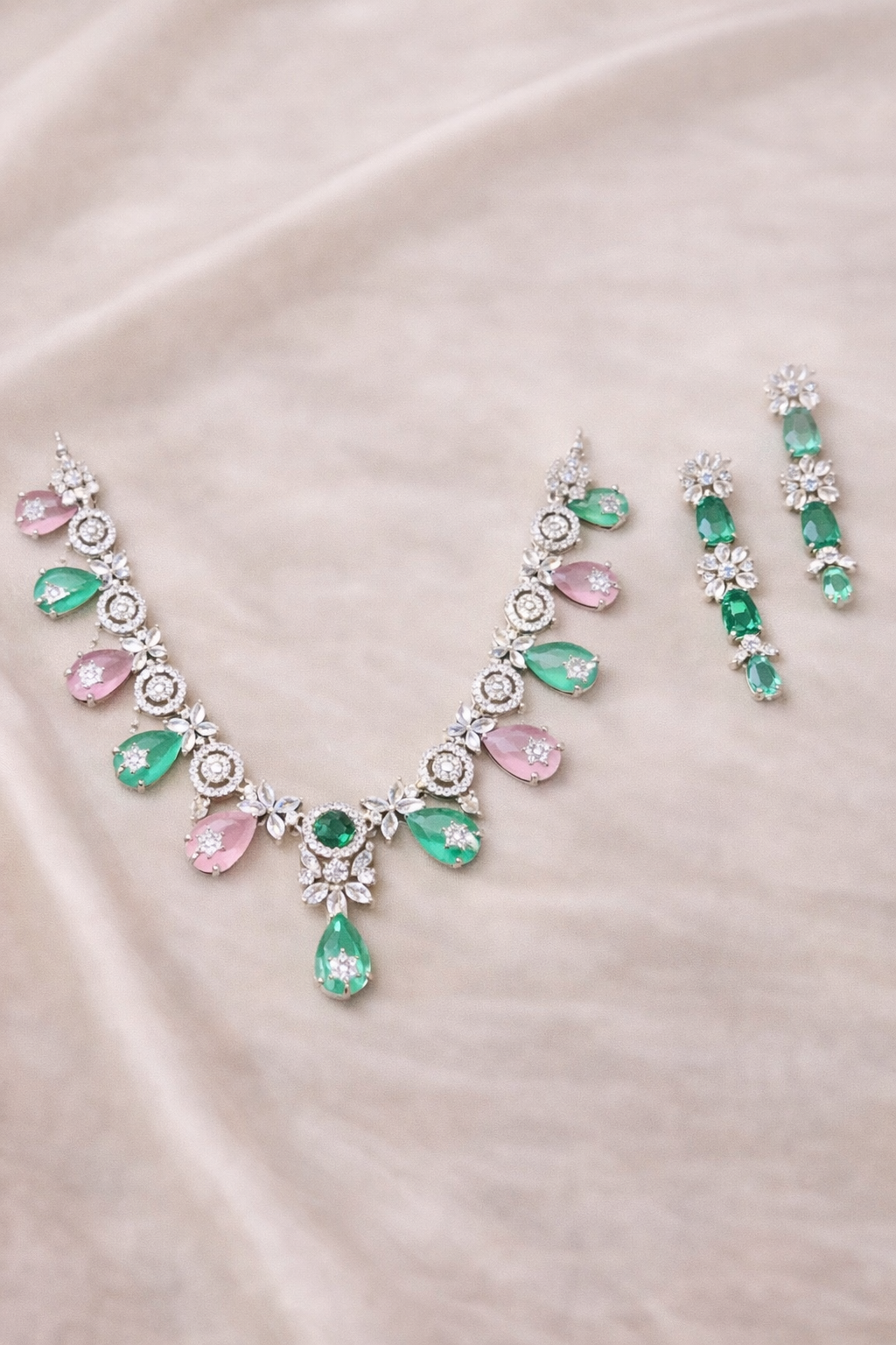 Emerald & Blush Crystal Floral Necklace Set