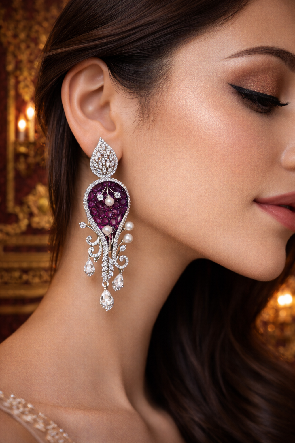 Regal Ruby & Pearl Drop Earrings